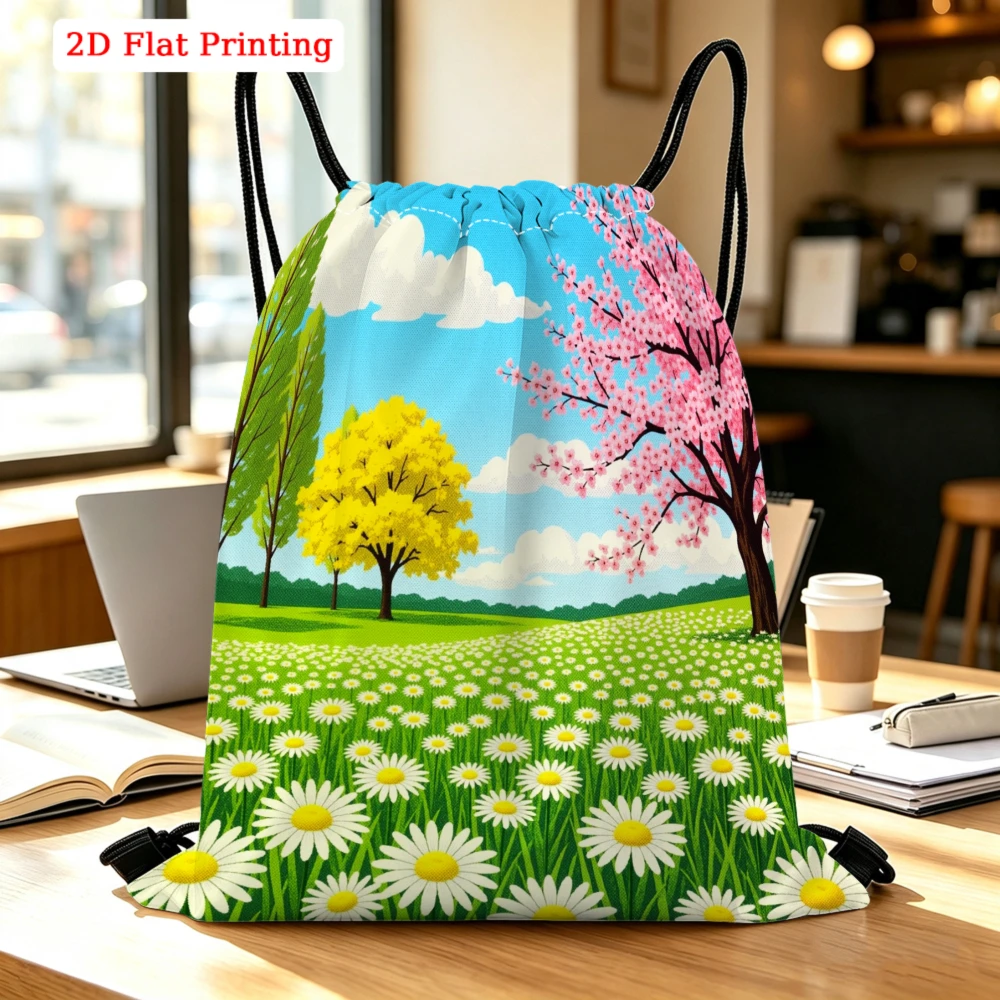 Spring Trees And Daisy Field Drawstring Backpack, Travel Shoe Bag, Fitness Sports Backpack, Travel Outdoor Drawstring Bag
