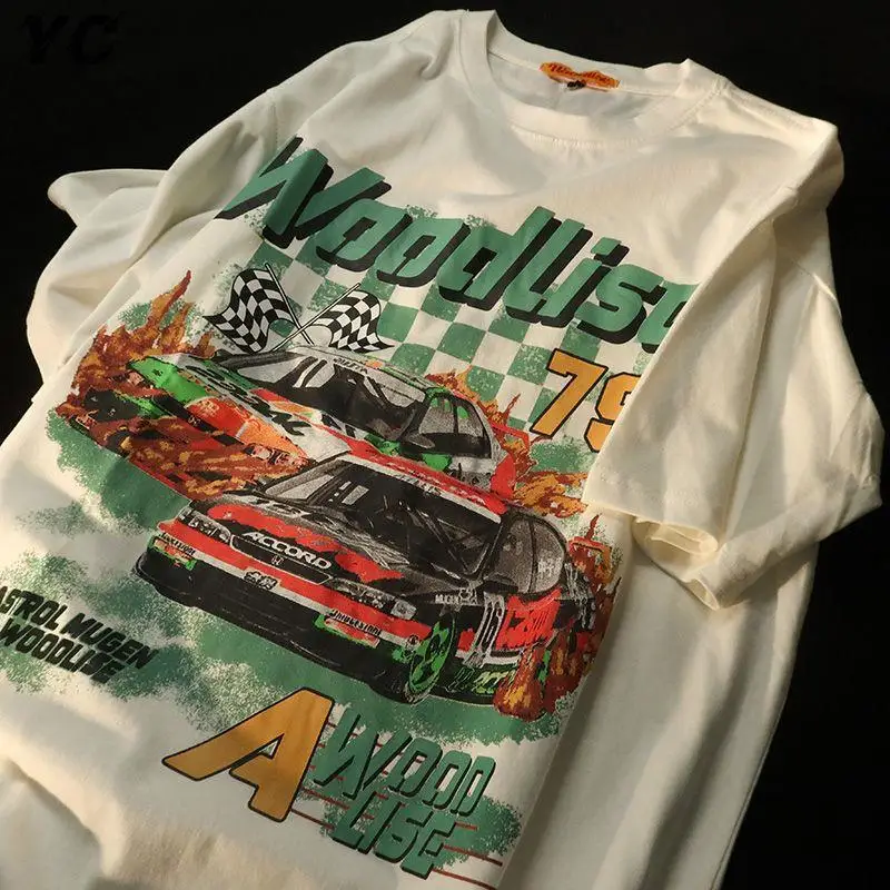 Harajuku 90s Retro Racing Cars Graphic Print Oversized Women Tshirt Hip Hop Short Sleeve Tees Mens Streetwear Cotton Tops Y2K