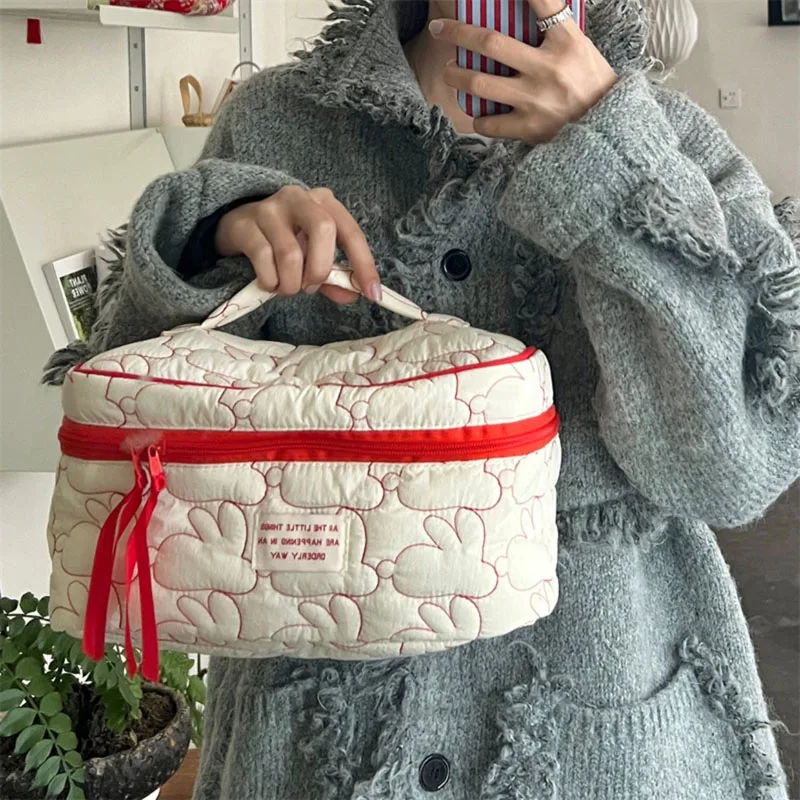 Cute Women Portable Rabbit Quilted Cotton Cosmetic Bag Handbag Lady Tote Makeup Pouch Travel Organizer Storage Bags With Zipper