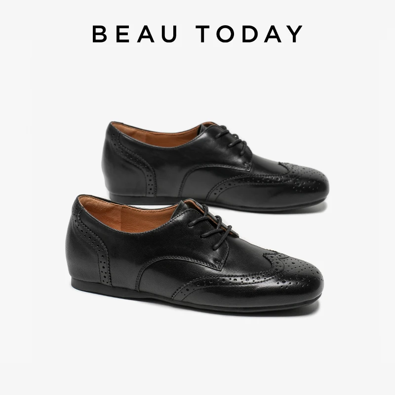 BEAUTODAY Brogue Shoes Women Genuine Cow Leather Solid Color Round Toe Casual Lace-Up Ladies Shoes Handmade 21387