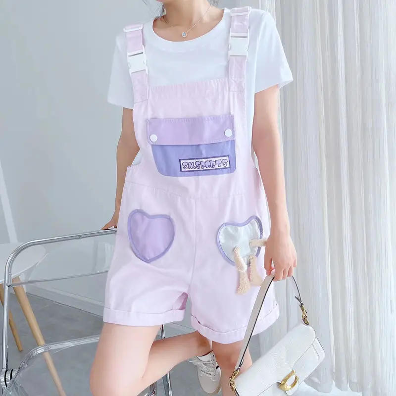 

Young Girl Kawaii Embroidered Letter Summer New Loose Casual Age Reduction Strap Pants Crew Neck White Short Sleeve T-shirt