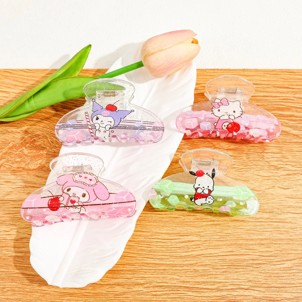 مشابك شعر لامعة شفافة تتميز بمي ميلودي وردي، كورومي أرجواني، بوشاكو أخضر، وشخصيات كرتونية هالو كيتي الوردية