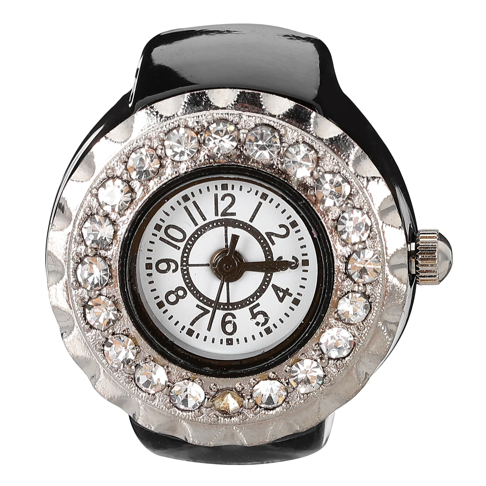 

Rhinestone Ring Watch Black Stainless Steel Adjustable Round Decorative Finger Rings Women Stylish Watches Retro Jewelry
