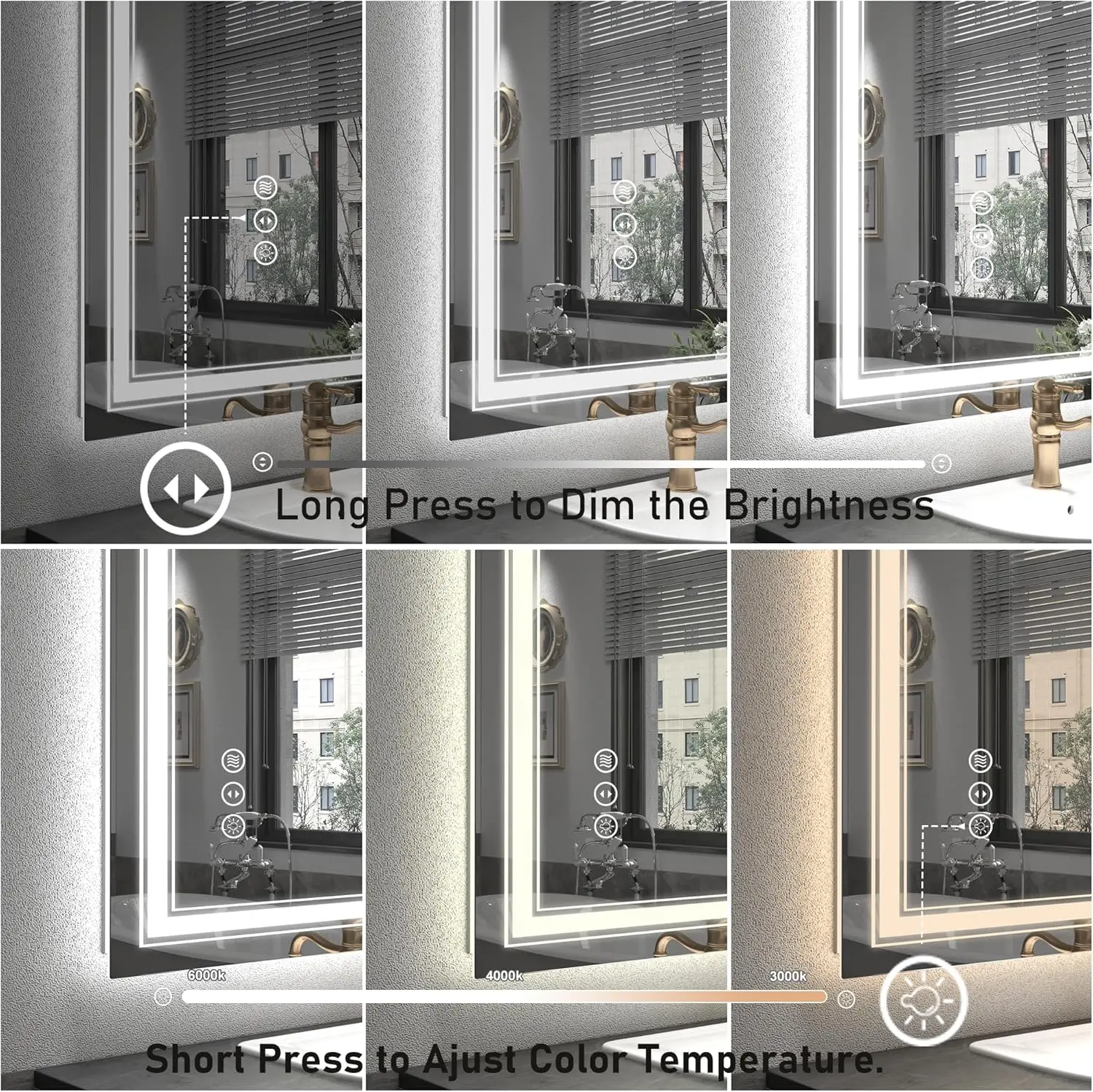 SH.KL Miroir LED pour mur de salle de bain, miroir de courtoisie à intensité variable avec lumières, rétroéclairé et éclairé sur le devant, intensité variable, antibuée, incassable
