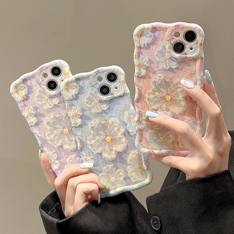 Retro Oil Painting Flowers Wavy Bumper Phone Case For iPhone 15 Pro 14 13 12 11 Pro Max Curl Wave Blue Ray Floral IMD Soft Cover