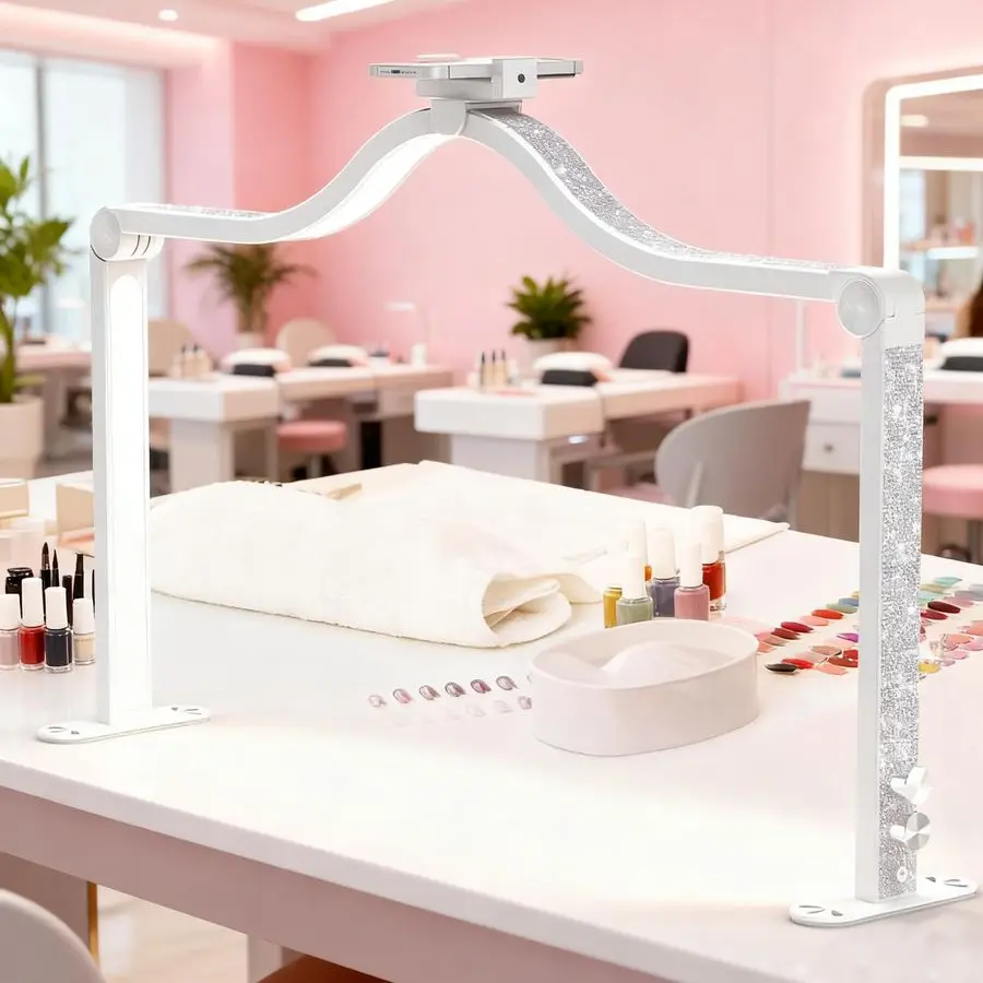

45W Half Moon Light for Nail Desk, 34Inch LED Nail Tech Lamp with Phone Holder, Foldable Dimmable Table Lamp for Manicure Lash