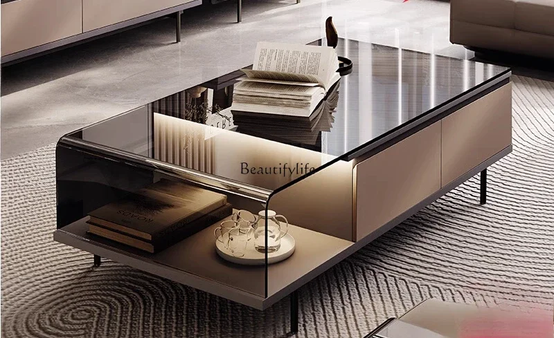 

Italian minimalist long coffee table light luxury high-end rectangular with hot bending glass