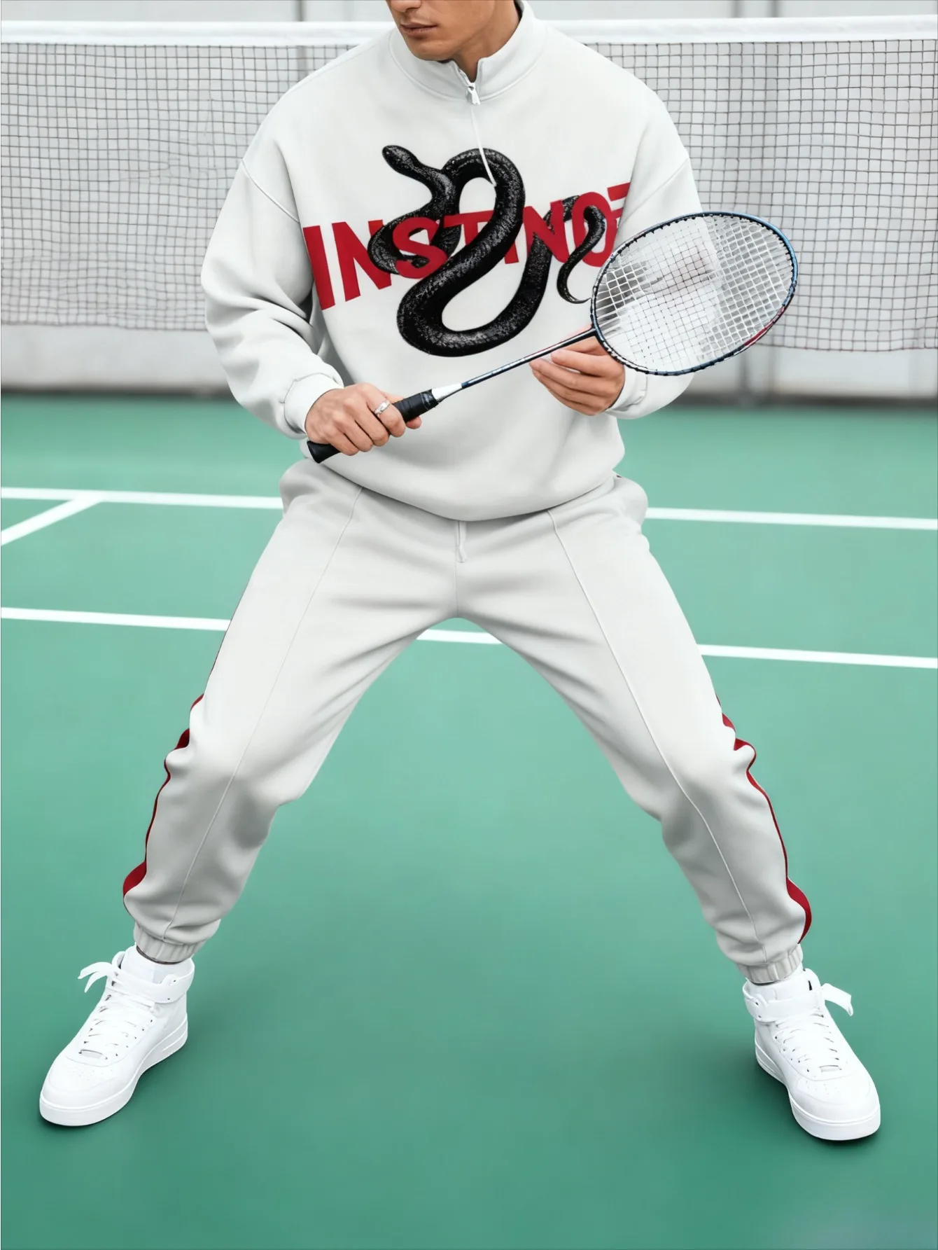 Conjunto deportivo con media cremallera y estampado digital para hombres europeos y americanos: tela de sudadera agradable para la piel de alta calidad