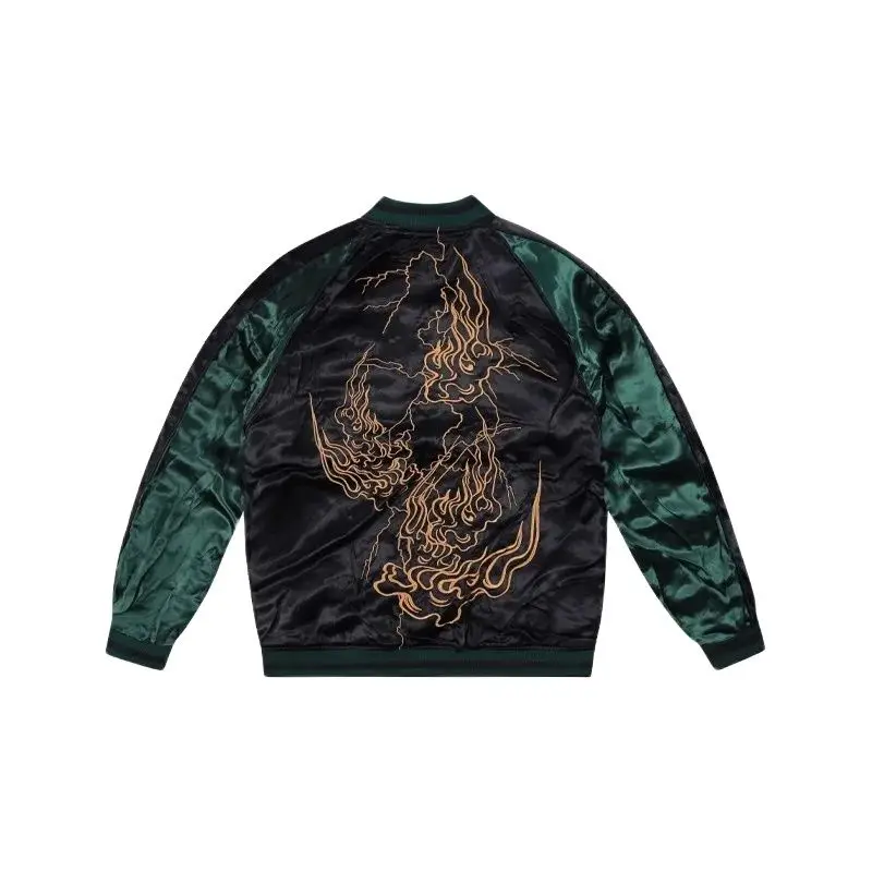 Green Black Men Boys Reversible double-sided High Street Streetwear Vintage Sakura Fire Embroidered Sukajan Souvenir Jacket