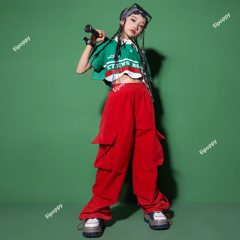 

Girls Hip Hop Crop Top Red Cargo Baggy Pants Child Polo Shirt Street Dance Loose Jogger Clothes Set Kids Streetwear Teen T-shirt