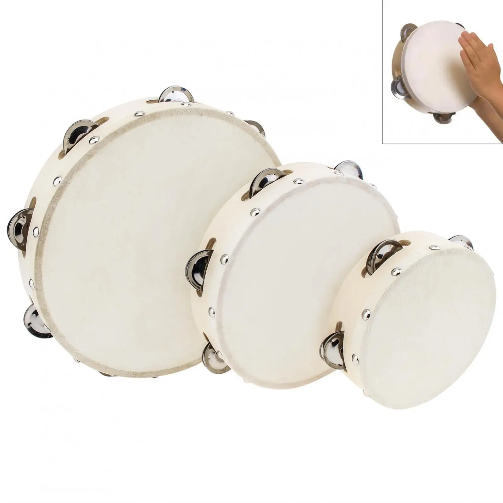 6 / 8 / 10 inch Wood Hand Held Tambourine Drum for Church Party KTV with Sheepskin Drumhead, Single Row Musical Instrument