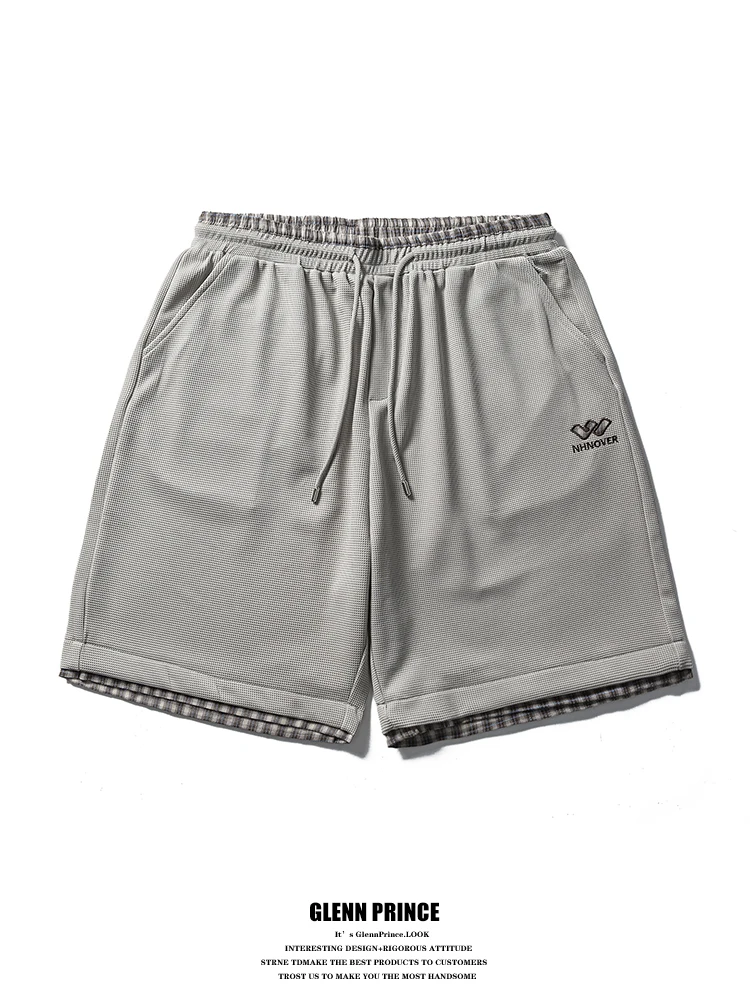 

American Retro Plaid Patchwork Short Pants Men's Summer New Sport Five-Quarter Pants Loose Fit Mid-High Waist Straight Leg