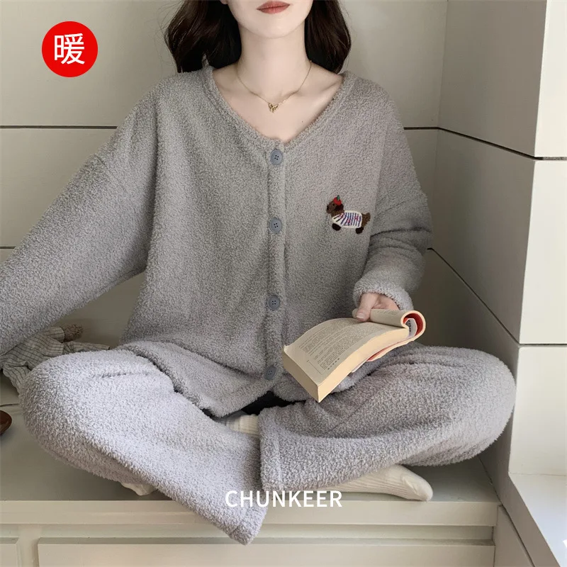 

Women's Half-Pile Cardigan Sleepwear Suit Homewear Pajamas Thickened Girl Student Autumn Winter Keep Warm Nightgown Outerwear