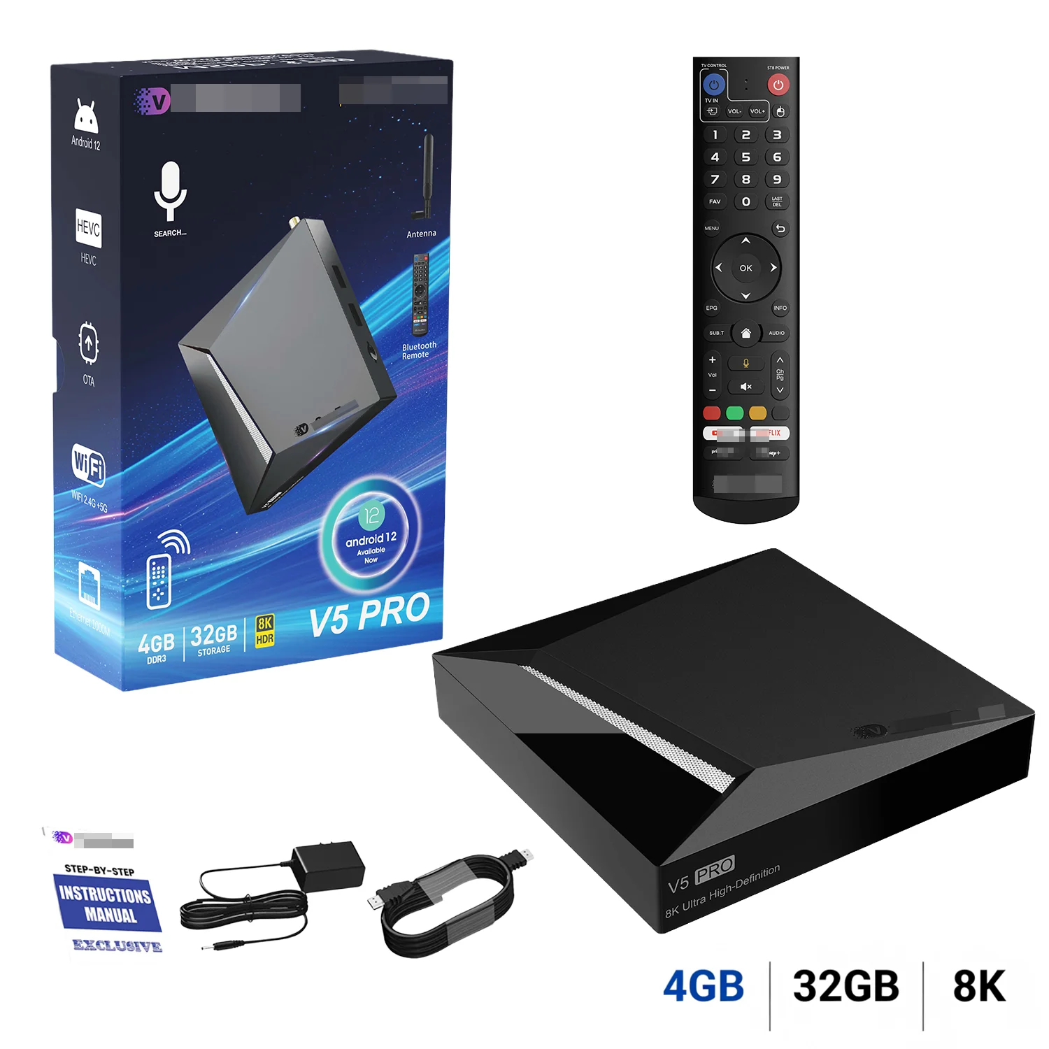VseeBox V5 Pro 2025 Newest, 4GB RAM 32GB Storage, Voice Control, Parental Control, Android 12, Dual Band WiFi, 8K HDMI & Ethernet Cable