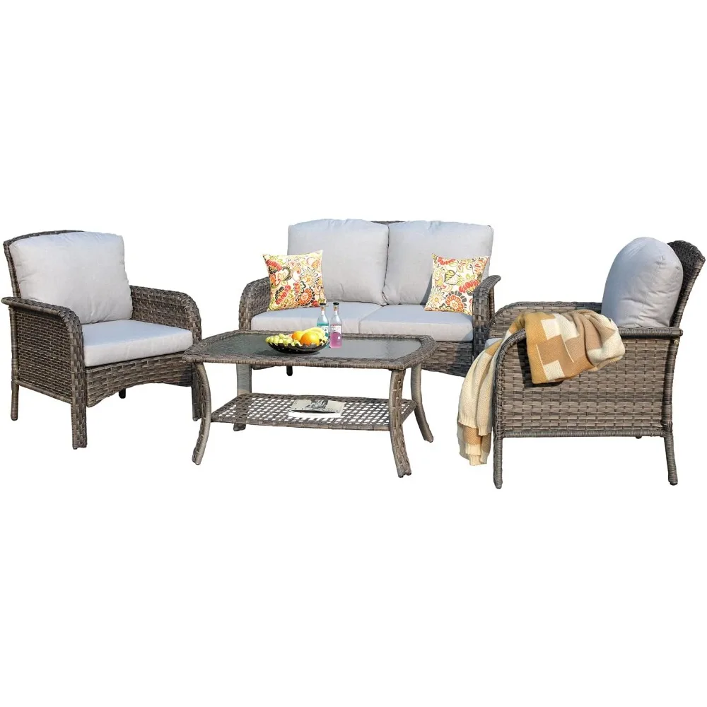 Outdoor Wicker Patio Furniture Set, All Weather Rattan High Back Loveseat with Cushions, Coffee Table and Armchairs