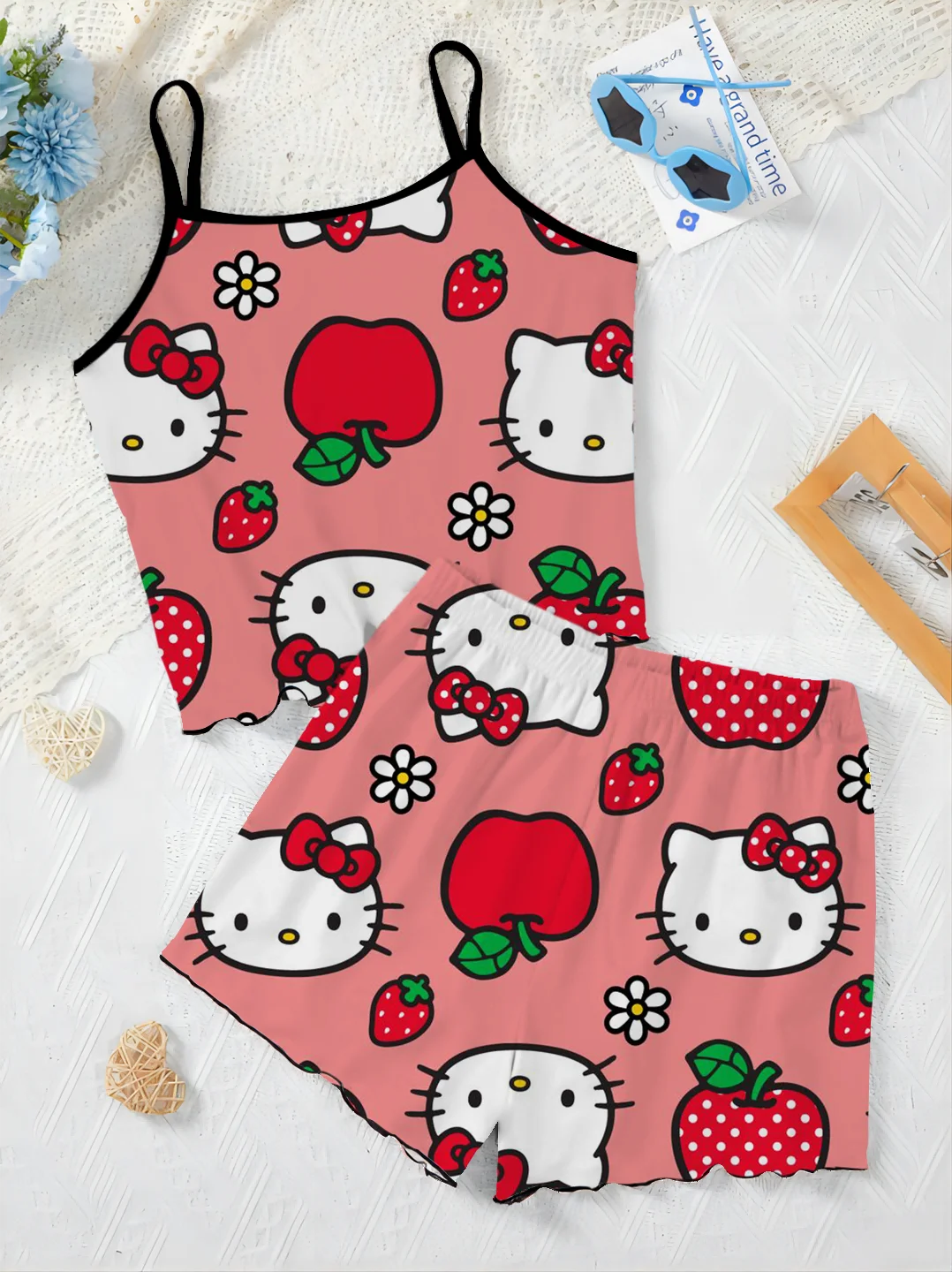 Top de vestido Hello Kitty para mulheres, camiseta e short, saia de pijama, roupas de calças, peças de alface, top elegante