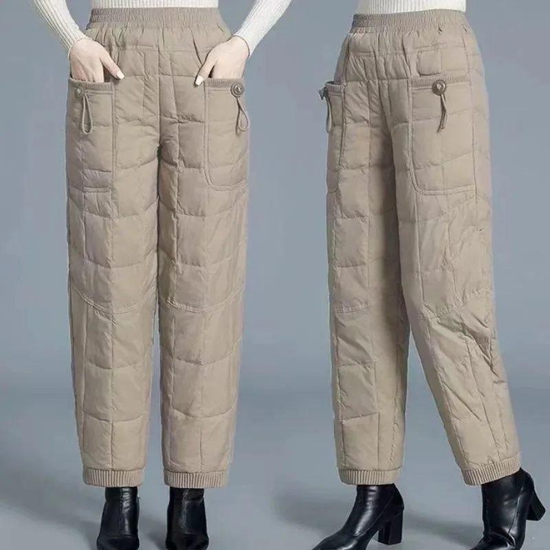 Lady Winter Warm Cotton Quilted Pants Elastic High Waist Padded Harem Trousers Women Big Pocket Drawstring Ankle Cuff Snow Pants