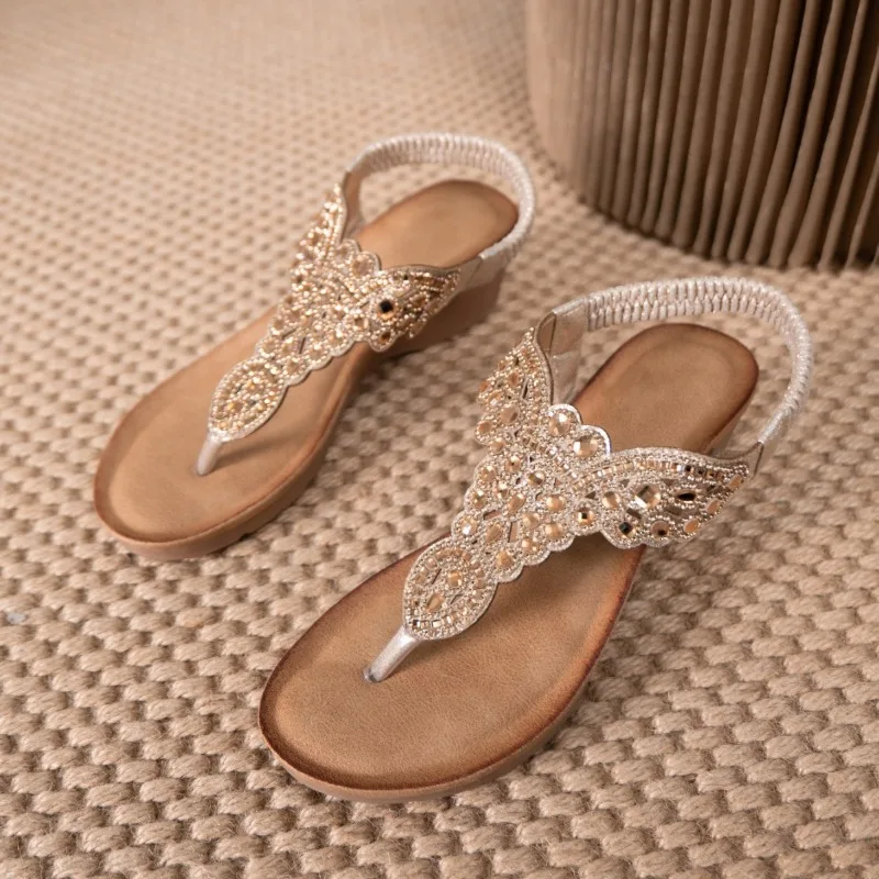Women's Sandals Summer Bohemia Vacation Style Beach Sandals Luxury Rhinestone Pinch Toe Sandals for Women 5cm Wedges Heel Sandal