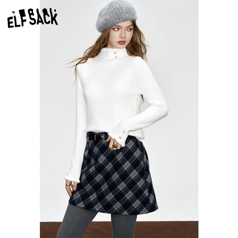 ELFSACK 2024 Winter Nieuwkomers Effen kleur hoge kraag lange mouwen gebreide trui voor vrouwen Slim fit basisshirt