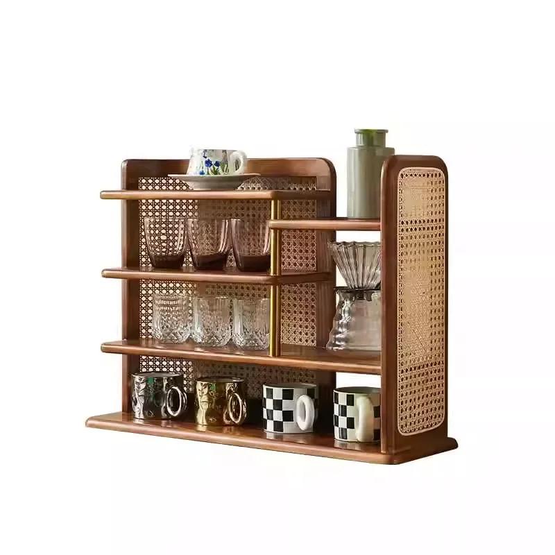 Retro rattan cup holder, tea table rack, desktop heightening rack, Kung Fu teacup countertop storage display rack