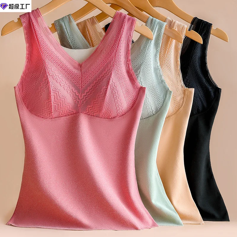 

Women's Winter V-neck Thermal Underwear Double Faced Velvet Hot Lace Vest Women's Slim Size Sling Bottomed Thermal Underwear