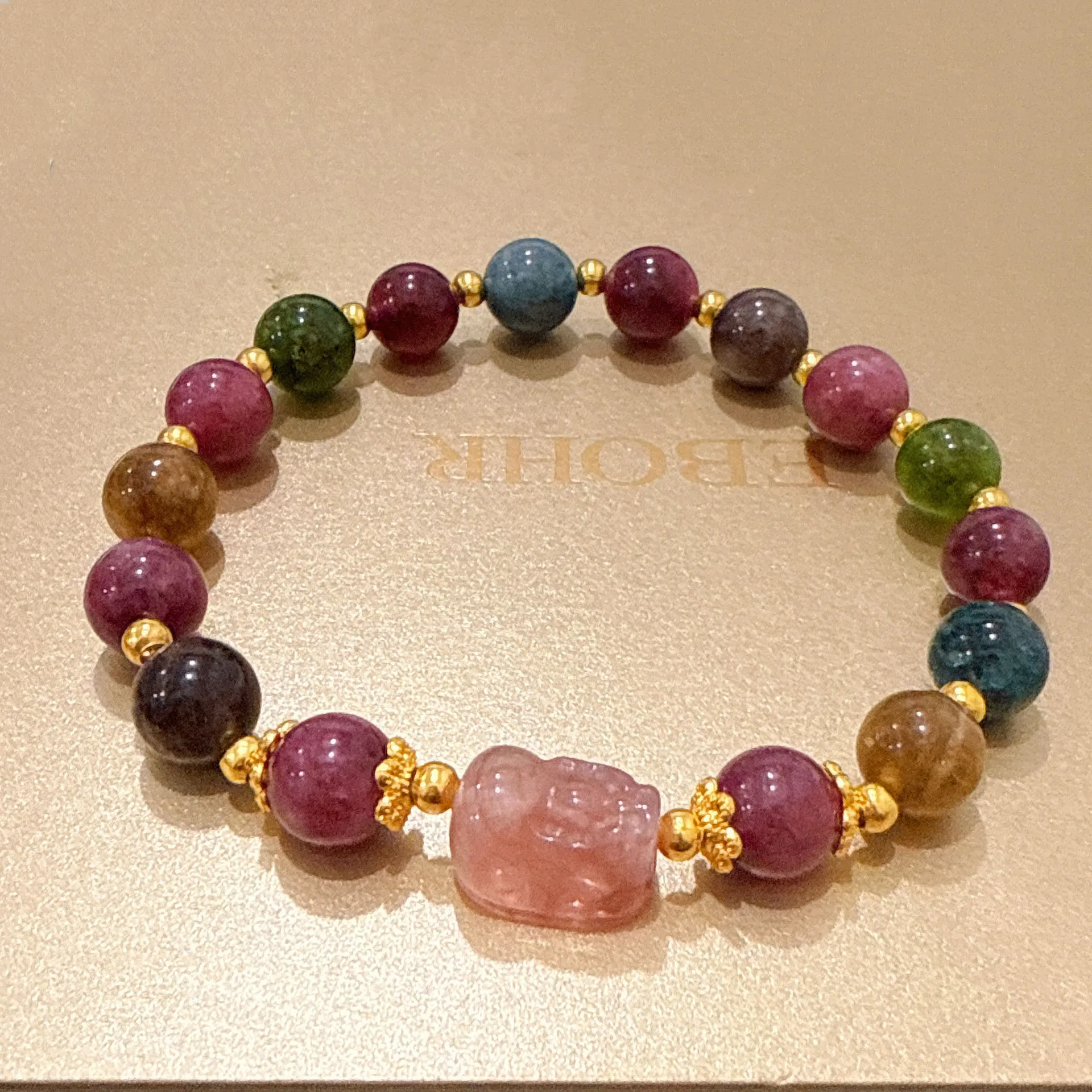 Colored tourmaline bracelet for women, imitation strawberry crystal, fortune stone bracelet, wealth luck bracelet