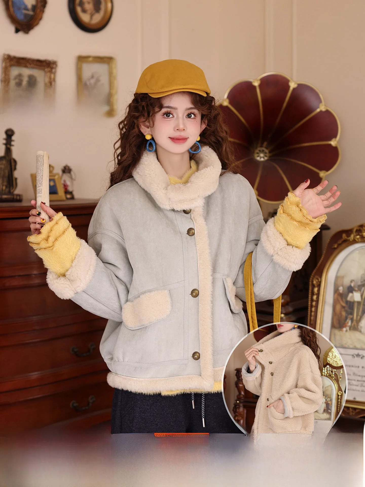 

Chen Jiajie Thiened Double-Sided Wear Women's Jaet Loose Fit Fur Leather Inteated Warm Winter Coat ort Sli Vintage