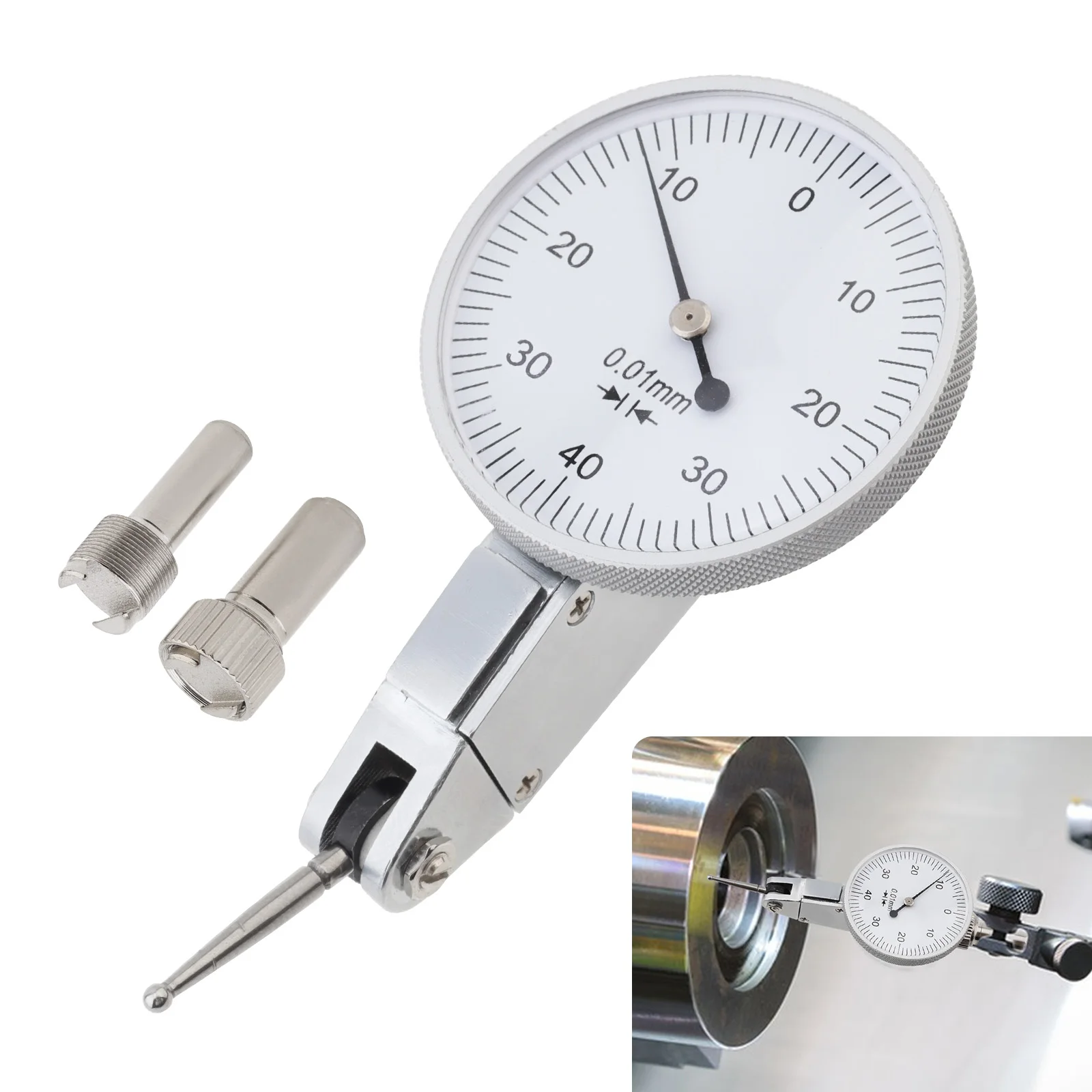 0-0.8mm Dovetail Rails Lever Dial Indicator Gauge with 2 Steel Dovetail Clamps Silver Aluminum Alloy Metric Dial Test Indicator