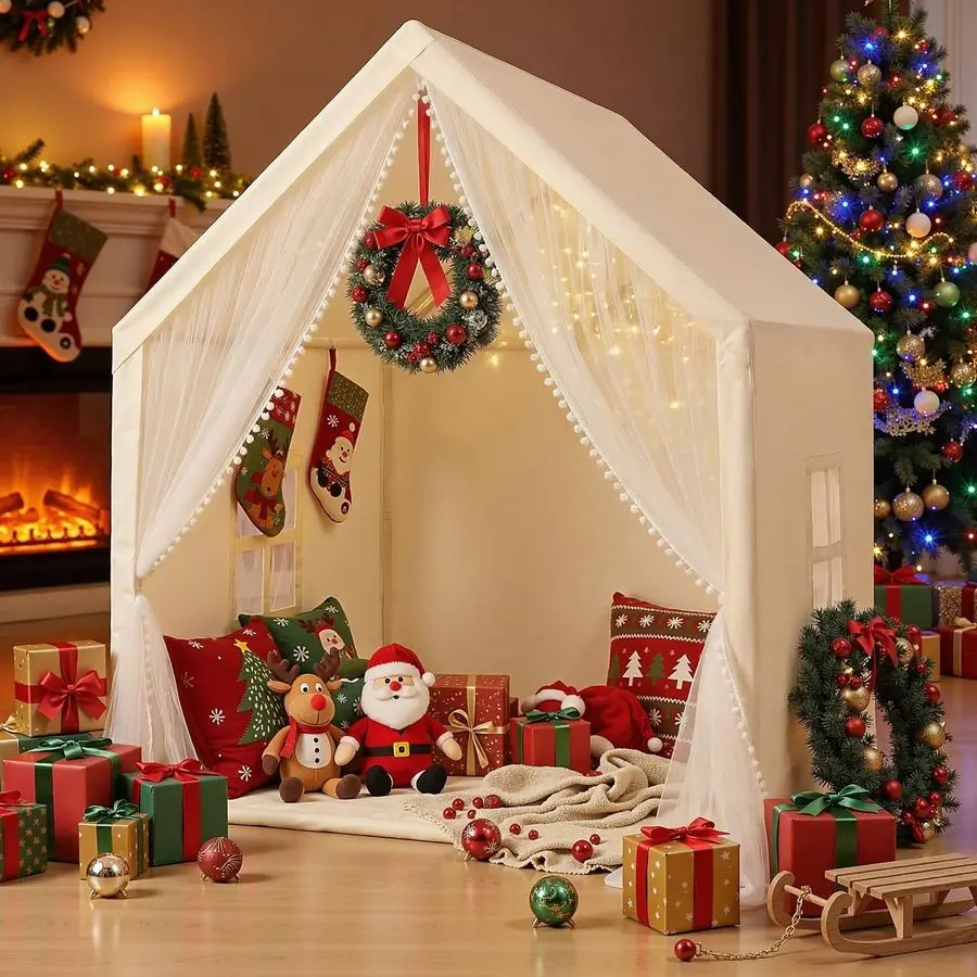 Tenda per bambini Tenda da gioco beige con tenda lunga a rete Casetta da gioco grande per interni ed esterni Castello da gioco per casa per ragazze e ragazzi