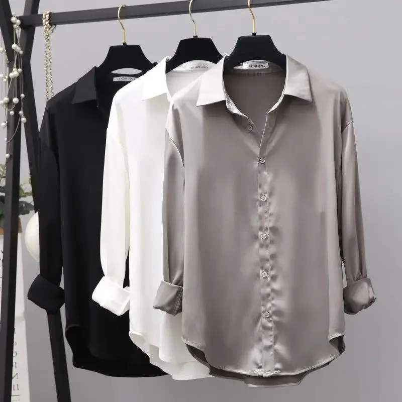 Satin Shirt Faux Silk White Black Blouses Women Long Sleeve Button Up Shirts Solid Color Lapel Spring Fall Loose Tops Blusas