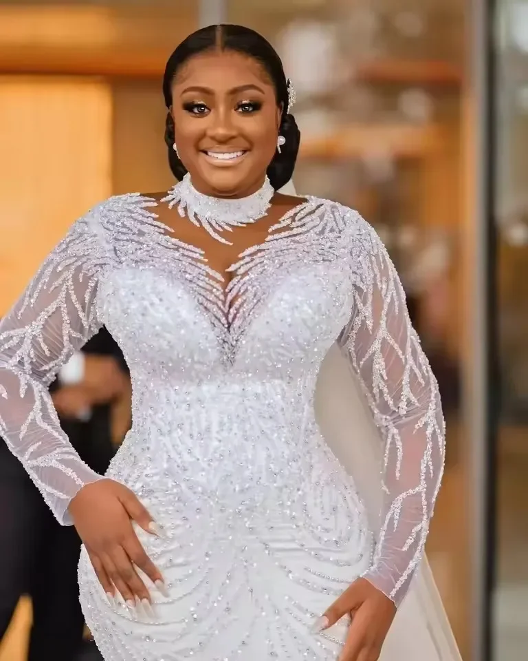 Customized Luxury Beaded Mermaid Wedding Dresses High Neck Long Sleeves Sweep Train Plus Size Bridal Gowns Vestidos De Novia