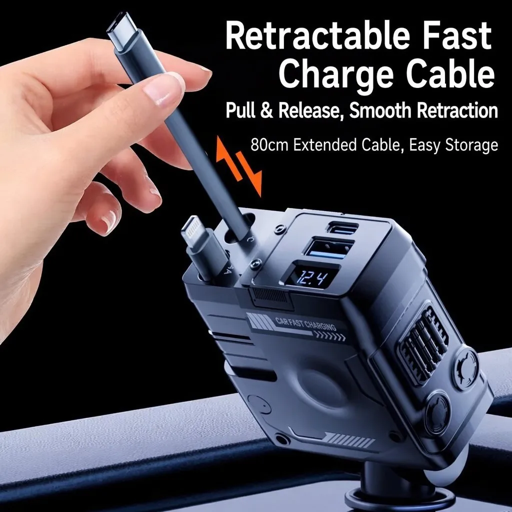 Telescopic Cable Car Charger 120W Super Fast Flash Charging 4 in 1 Cigarette Lighter Adapter PD USB Port Vehicle Auto Accessory