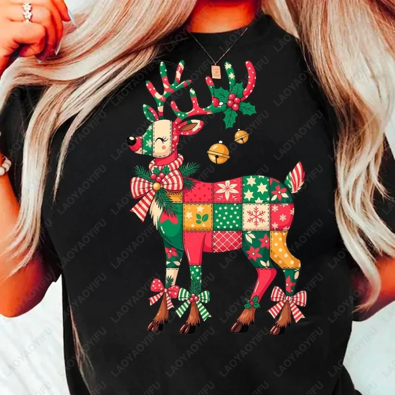 Reindeer Patchwork Christmas Preppy Girly Florals Tees Men Women New Year Xmas Bell Cotton Tshirt Creative Kawaii Harajuku Tops