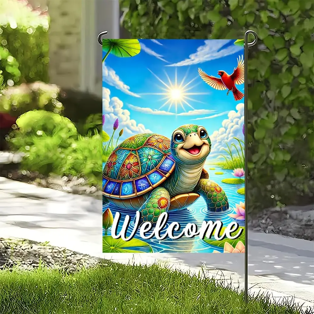 Welcome Turtle Garden Flag, 12x18 Inch Yard Decoration with Colorful Turtle and Bird, Perfect for Year - Outdoor Flag YYN UU hhz