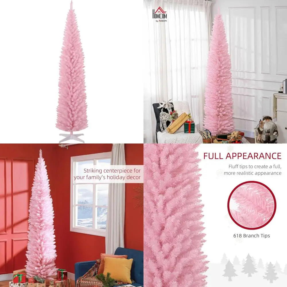 

Slim 8-Foot Artificial Pencil Christmas Tree with 618 Branch Tips and Plastic Base, Pink, Ideal for Festive Celebrations