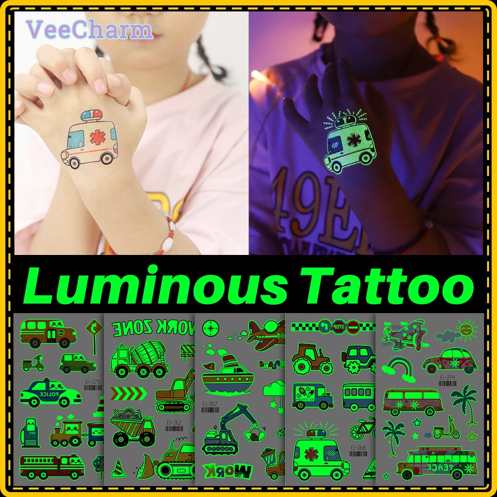 

VeeCharm - Vehical Cars and Trucks Temporary Tattoos, Glow In The Dark, for Party Favors, Kids, Classroom Gifts, 1/16 Sheet