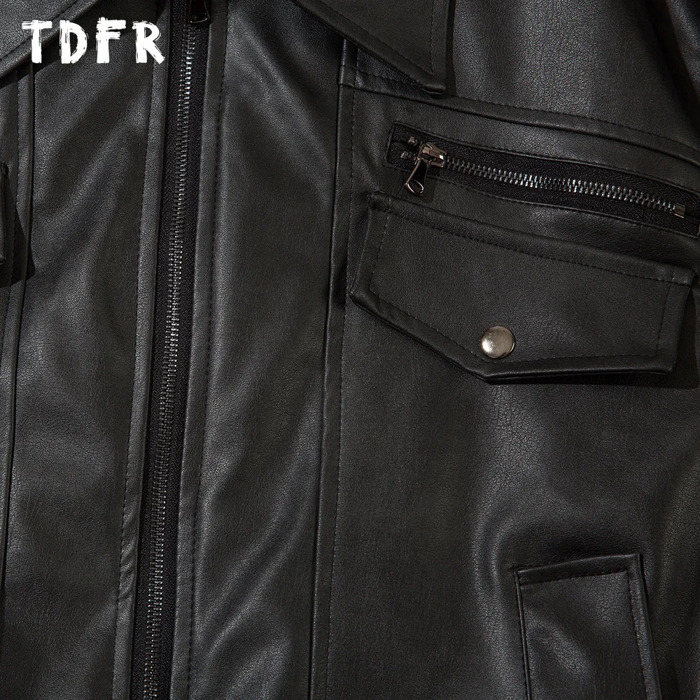Pocket Spliced Motorcycle Leather Jacket Mens Spring Streetwear Lapel Zipper Long Sleeve Jacket Men