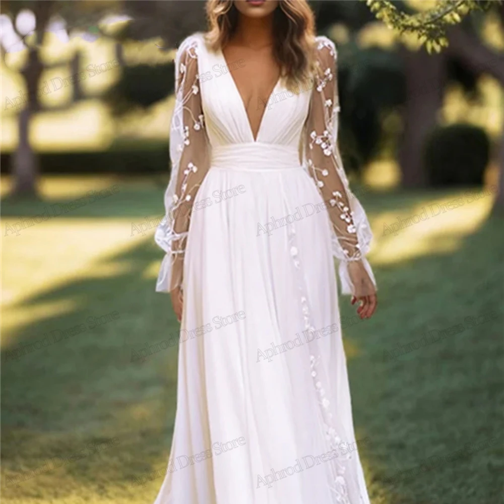 

Modern Wedding Dresses A-Line Chiffon Bridal Gowns Lace Appliques Long Puff Sleeves Deep V-Neck Robes Graceful Vestidos De Novia