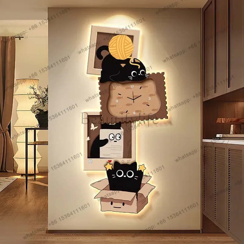 PG Cartoon Cute Wall Clocks Interior Creative Fashion Design Cat Aesthetic Wall Watch Modern Korean Reloj Pared Room Decorations