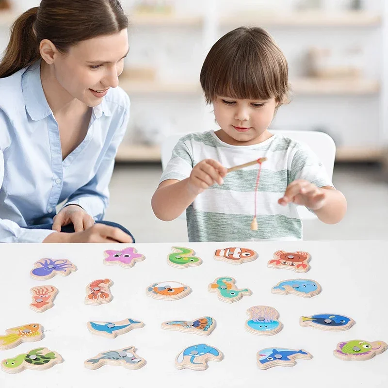 Funny Fine Motor Skill Fish Cognition Puzzle Toy Wooden Montessori Catching Toys Colorful Wooden Magnetic Fishing Game