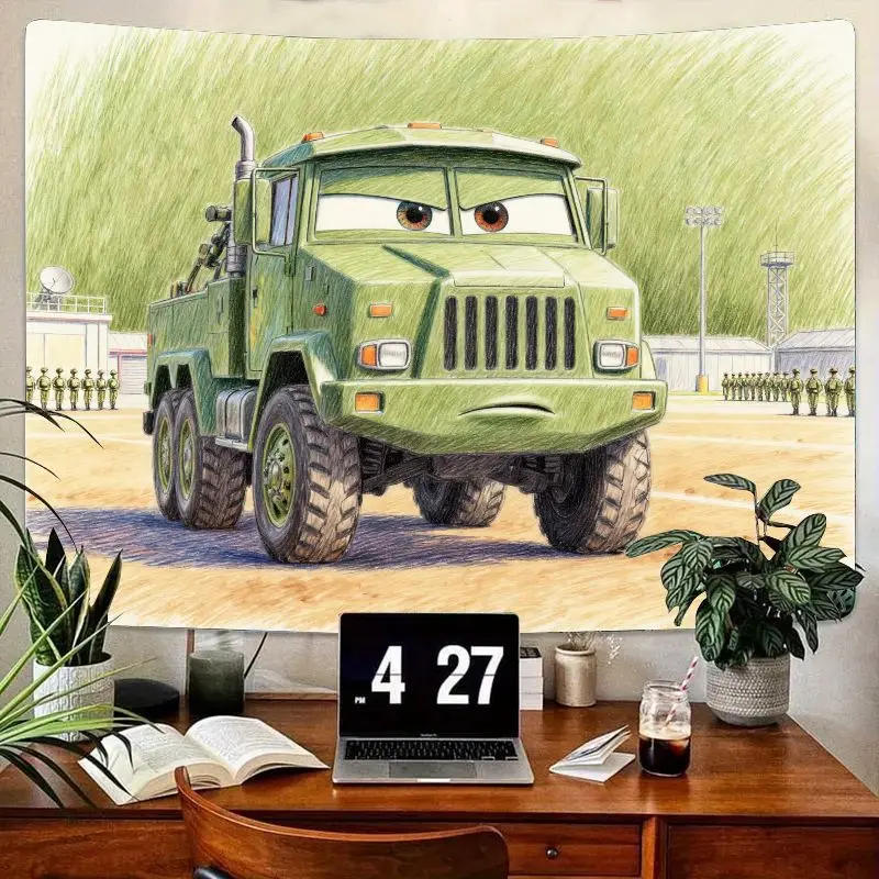 

1 шт. мультяшный зеленый гобелен с военным грузовиком, современное настенное искусство из полиэстера для декора гостиной, спальни, общежития, подарок для детей и мальчиков.