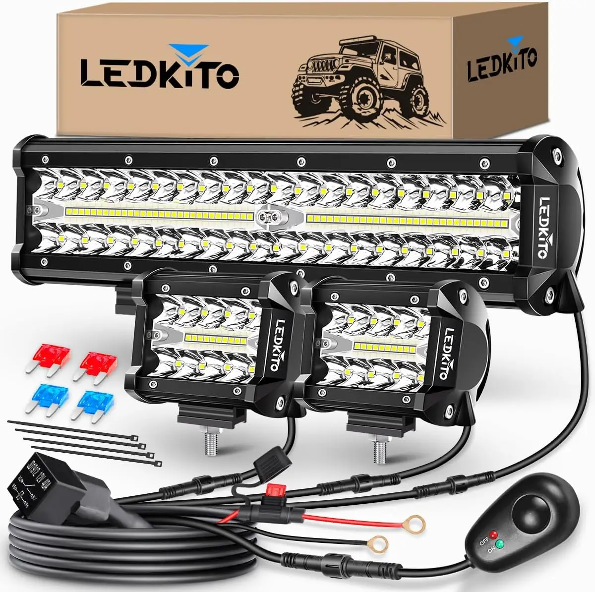 

12 Inch LED Light Bar with 2PCS 4 Inch Pods, Wiring Harness Kit for Off-Road UTV ATV Trucks