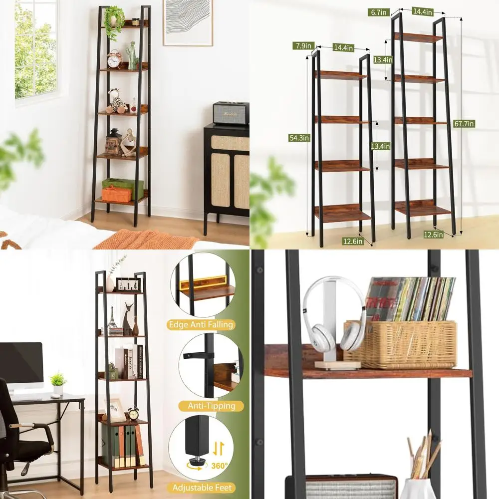 

Ladder Shelf, 5 Tier Tall Ladder Bookshelf Corner Shelf, Industrial Book Shelf Ladder Bookcase Narrow, Standing Storage Shelves