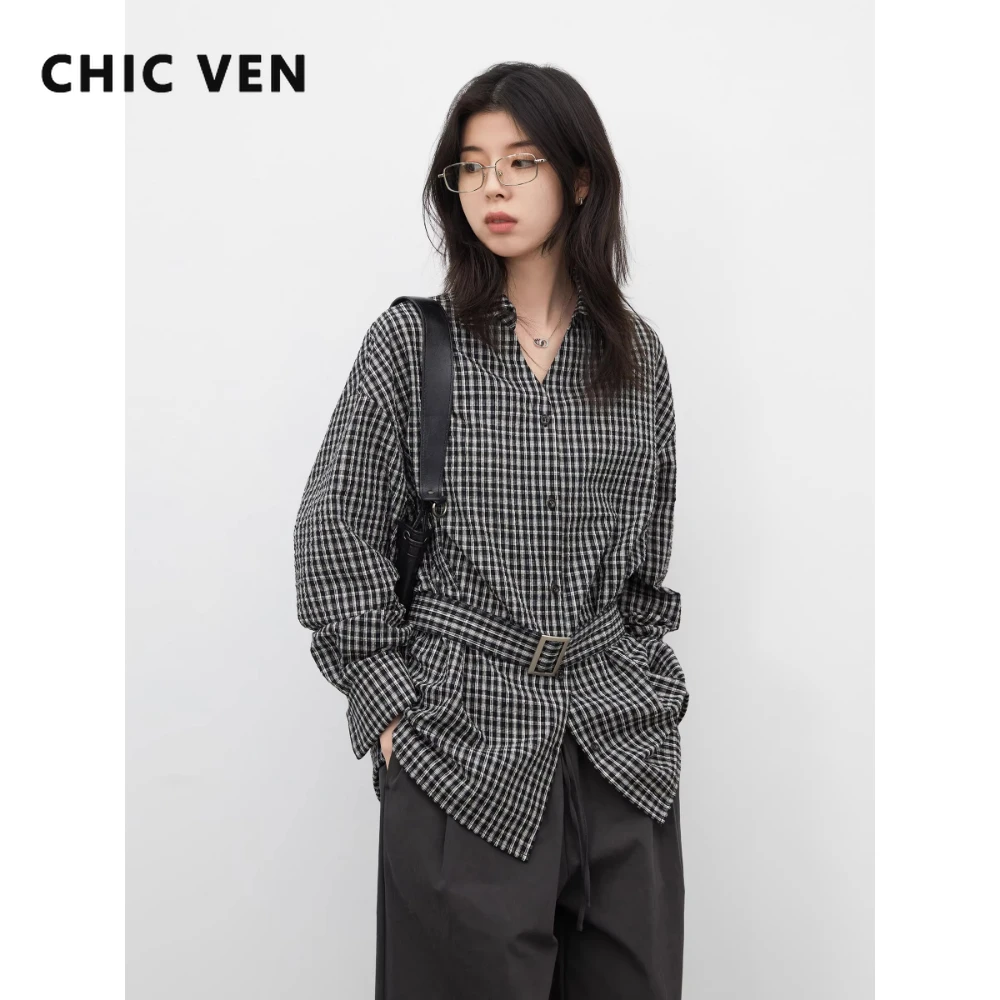 CHIC VEN Fashion Women Shirt New Belt Slimming Slightly Wrinkled Long Sleeved Plaid Blouses Female Coat Spring Autumn 2026