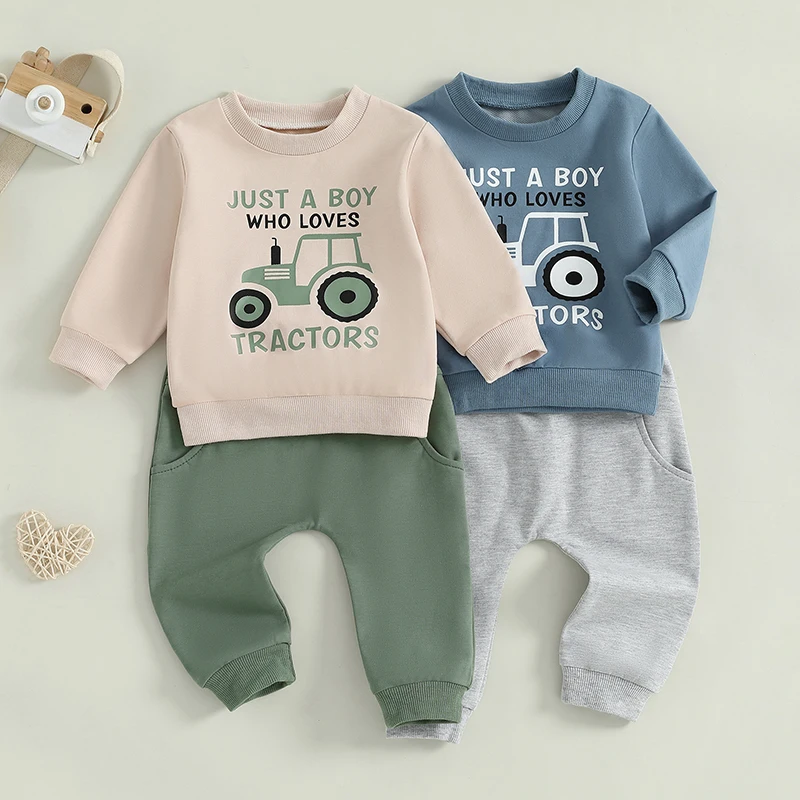 EWODOS 1-5 Y Baby Boy Fall Outfits Long Sleeve Tractor Graphic Tops + Pants Set Toddler Warm Clothes Casual Cute Green Sets