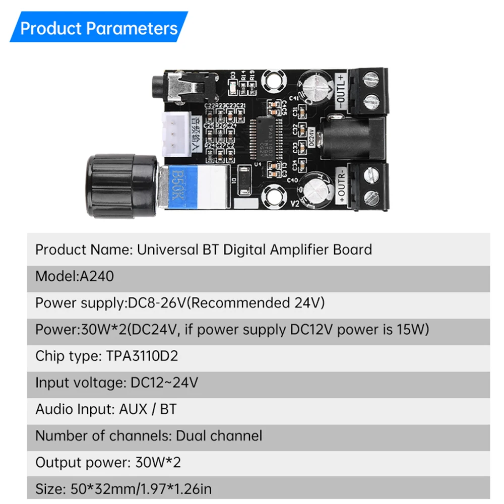 DC 8-26V TPA3110D2 Audio-Verstärkerplatine XH-A240 Kompakte digitale Verstärkerplatine 30W*2 2.0 Zweikanal-Verstärkermodul