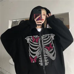 2024 European Style Dull Black Skeleton Polo Shirt Men Women Hooded Sweatshirt Gothic Couple Zipper Sweatshirt