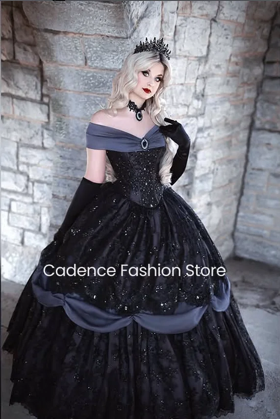 Robes de bal médiévales noires à épaules dénudées, style princesse, en dentelle et sequins, pour occasions spéciales, robes de soirée personnalisées