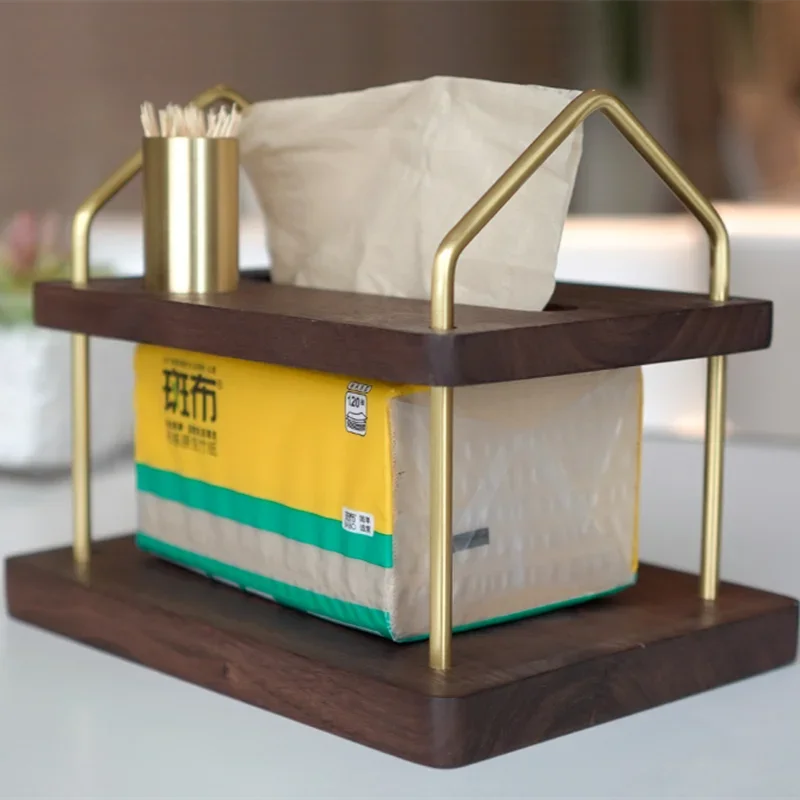 Brass Solid Wood Napkin Holder Double-layer Paper Holders Tissue Box Toothpick Boxes Towel Stand