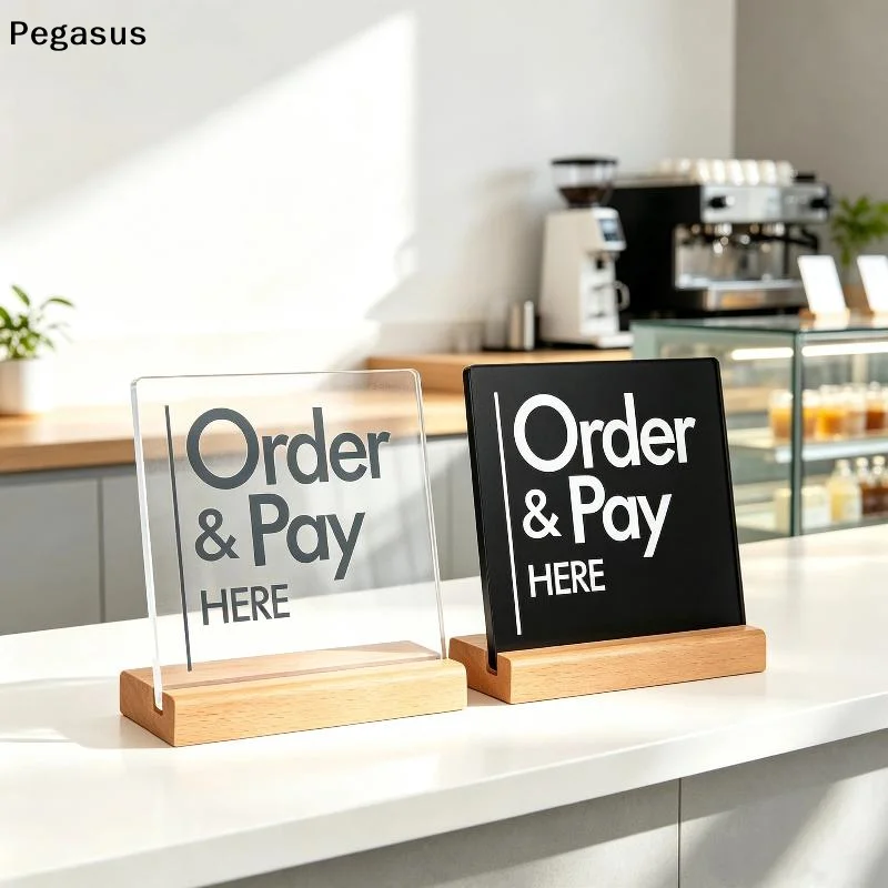 [S]Acrylic Order & Pay Here Countertop Sign Thickened Wood Base Double Sided Clear Print for Bookstore Coffee Shop Payment Area